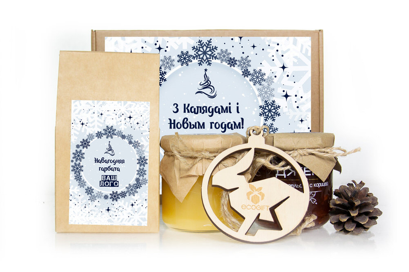 Новогодний набор с логотипом с чаем, медом и джемом. Арт: te31_002